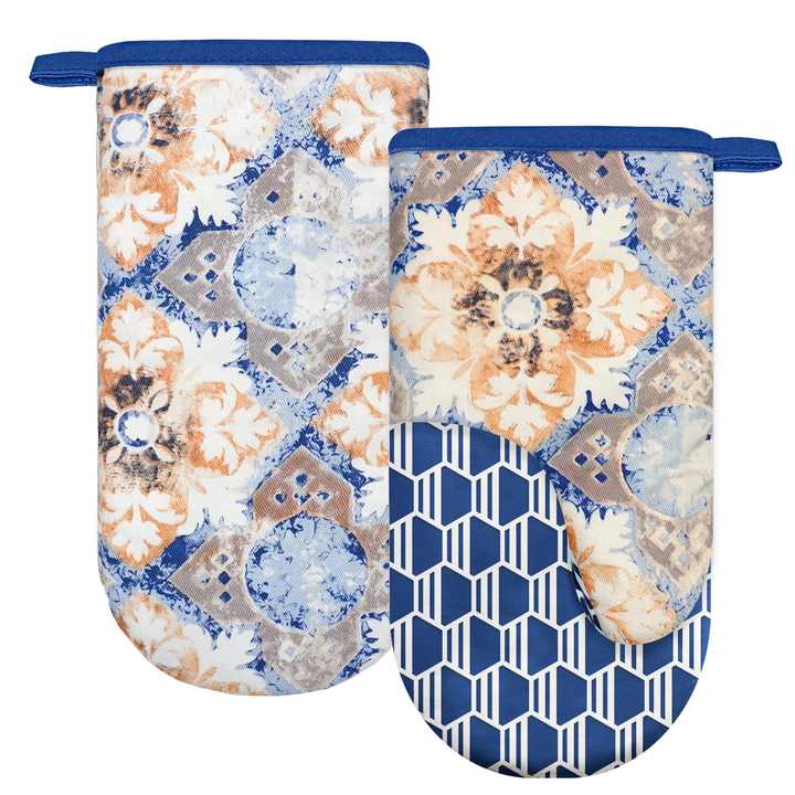 Retro flower pattern printing Silicone anti-skid Kitchen Heat Resistant blue Oven gloves